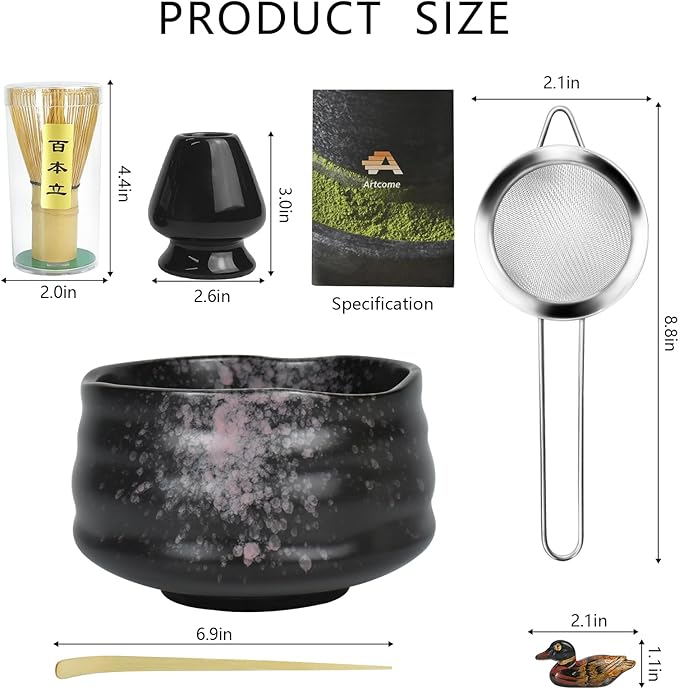 Artcome Matcha Ceremony Kit for Japanese Tea Ceremony, Traditional Matcha Bowl, Whisk, Tea Scoop, Matcha Powder Strainer, Matcha Tea Set For Making Usucha, Koicha and Matcha Latte (Black)