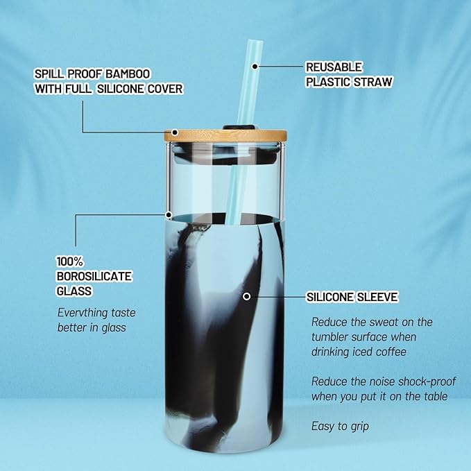 Tronco 24 oz Glass Tumbler with Straw and Lid - Glass Cup with Lid and Straw, Smoothie Cup, Iced Coffee Cup - Bamboo Lid and Protective Silicone Sleeve - BPA-Free