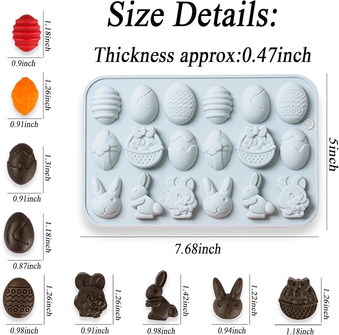 2 Pcs Easter Silicone Chocolate Molds, 18 Cavity Mini Bunny Egg Candy Molds Design for Making Jellies, Soft Candy, Ice Cubes, Wax Melts, Soaps, Resin etc Cake Decoration