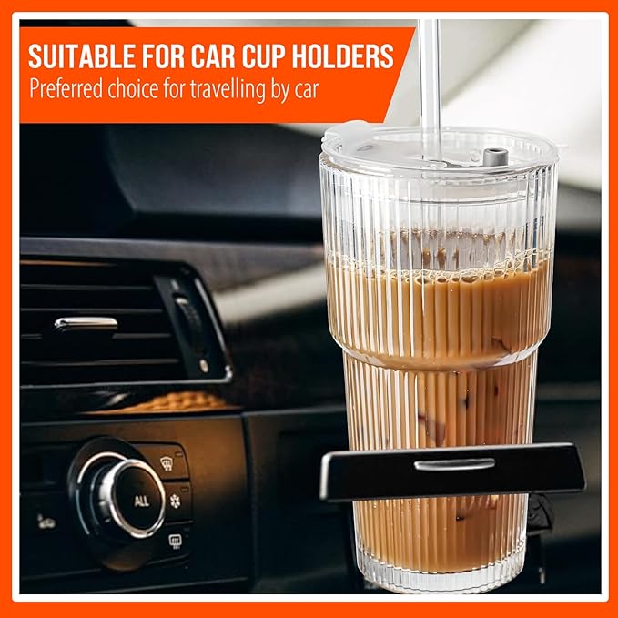 20oz Ribbed Glass Tumblers with Lids & Straws, Ideal for Iced Coffee, Cocktails & More - Includes Cleaning Brush