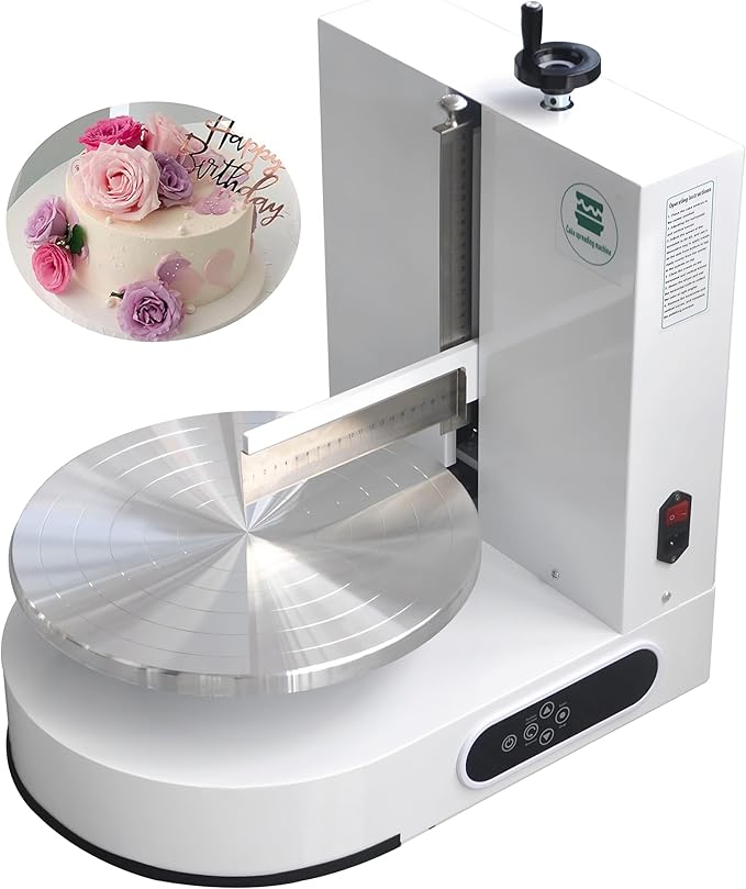Semi Automatic Birthday Cake Smoothing Coating Machine, AC110V 6-14in Cake Cream Spreading Machine, Cakes Decorating Cream Coating Machine Turntable with Graduated Scraper, Baking Supplies (White)