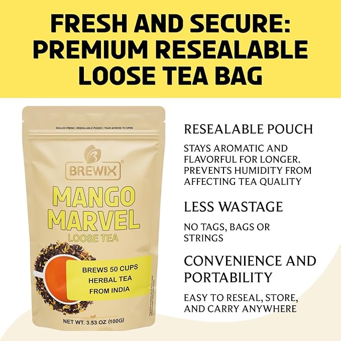 BREWIX, Mango Marvel Herbal Loose Tea (50+ Cups) | Made with Hibiscus, Mango, Pineapple, Orange Peel, Strawberry | Non-Caffeinated | Make Hot or Iced | Resealable Pouch