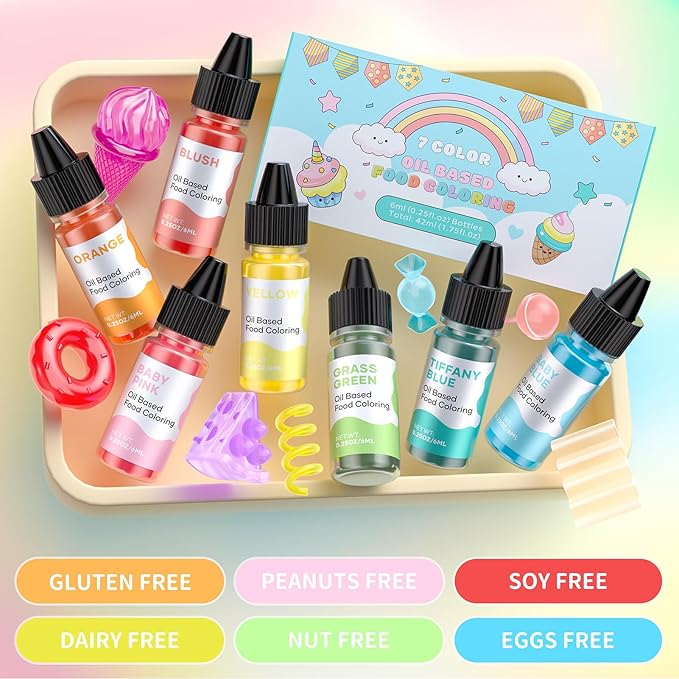 Oil Based Food Coloring for Chocolate Macaron Oil Edible Food Dye Set for Baking Royal Icing Cookie Supplies Gluten Free 7x6ml Food Grade Food Color Kit, 0.25 Fl. Oz/Bottles