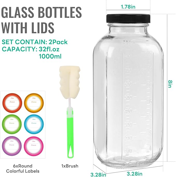 32 oz Glass Juice Bottles with Lids 2 Pack,Reusable Glass Drink Bottles,1000ml Water Drinking Jars for Milk,Juicing,Kombucha,Ginger,Beverage Glassware,Juice Drinking Jars