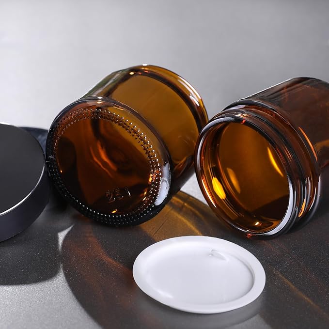 3 Pack Amber Small Glass Cosmetic Jars with Lids, 60 ml Empty Glass Makeup Containers for Sample, Cream, Lotion, Powder (2 OZ)