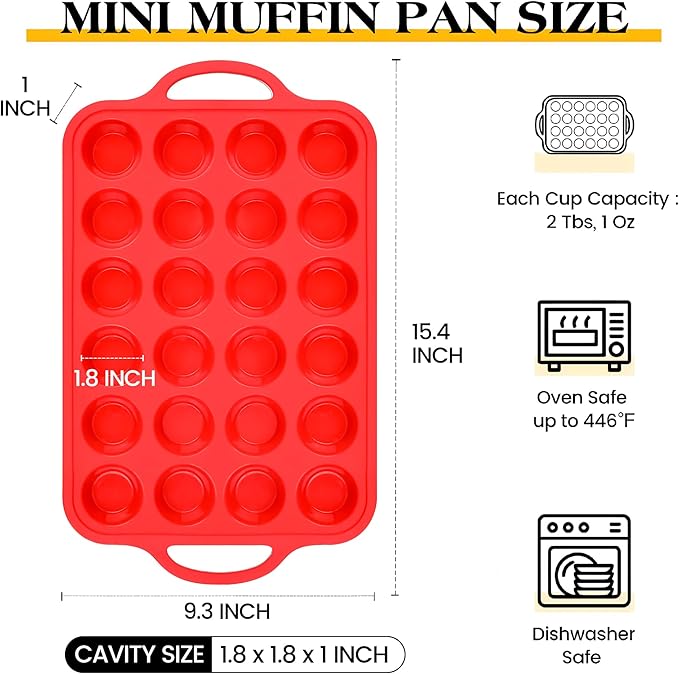 Silicone Mini Muffin Pan With Stainless Steel Reinforced Frame 24 Cups Nonstick Cupcake Molds for Baking Silicone Muffin Tray with Handles(1 Pc, Red)