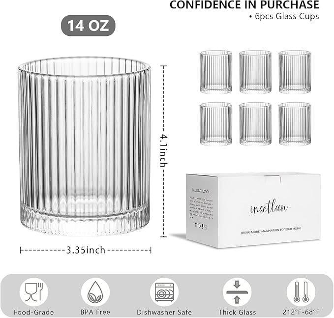 INSETLAN Ribbed Glass Tumblers Set of 6-14 oz Vintage Glassware, Clear Drinking Glasses for Wine, Juice, Cocktails, Water, Iced Coffee, Whiskey - Dishwasher Safe, Durable and Elegant