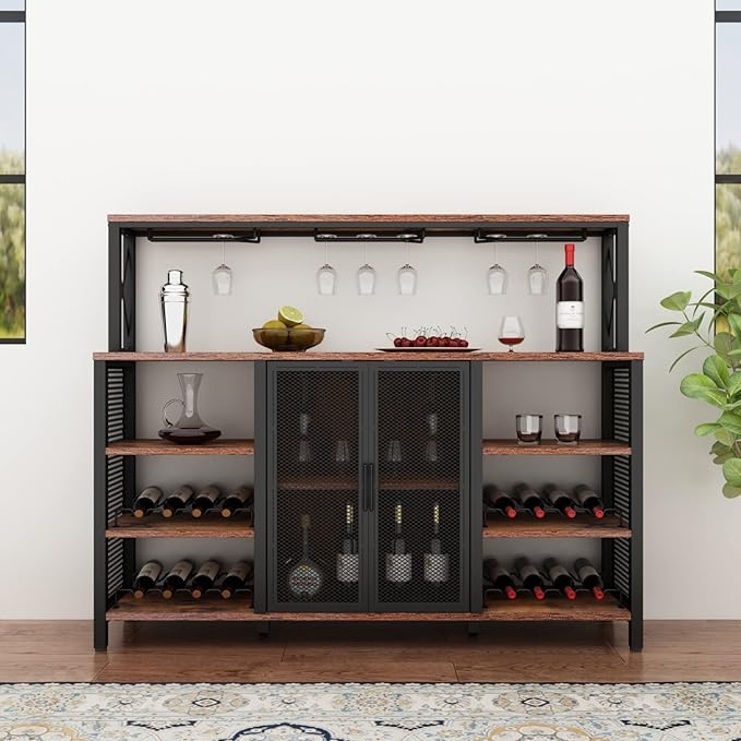 Bar Cabinet, 55 Inches Kitchen Sideboard Buffet Cabinet with Wine Rack Storage, Industry Coffee Bar Cabinet with Wine Rack and Glass Holder for Liquor and Glasses (Rustic)