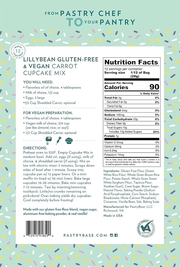 LillyBean Gluten Free Moist Carrot Cake and Cupcake Mix with No Artificial Colors - Dairy and Soy Free, Vegan - Makes Delicious Desserts - Cakes, Donuts, Cake Pops - 12 oz