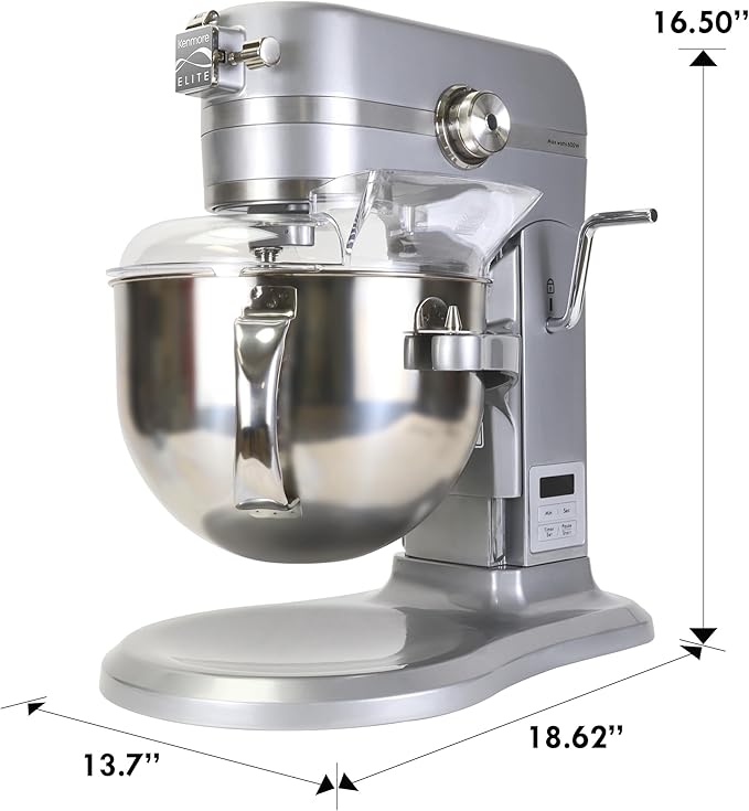 Kenmore Elite Heavy-Duty 6 Qt Bowl-Lift Stand Mixer, 600 Watts, with Flat Beater, Wire Whisk, Dough Hook, Stainless Steel Bowls, LED Light, Digital Countdown Timer, Metallic Grey