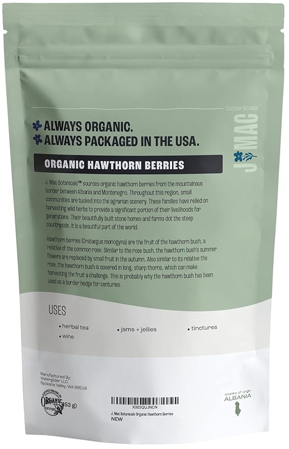 J Mac Botanicals, Organic Dried Hawthorn Berries Whole (16 oz) Hawthorn berry from Eastern Europe, certified Organic hawthorn berry tea, Hawthorne berries bulk resealable bag, Dried Hawthorn berries