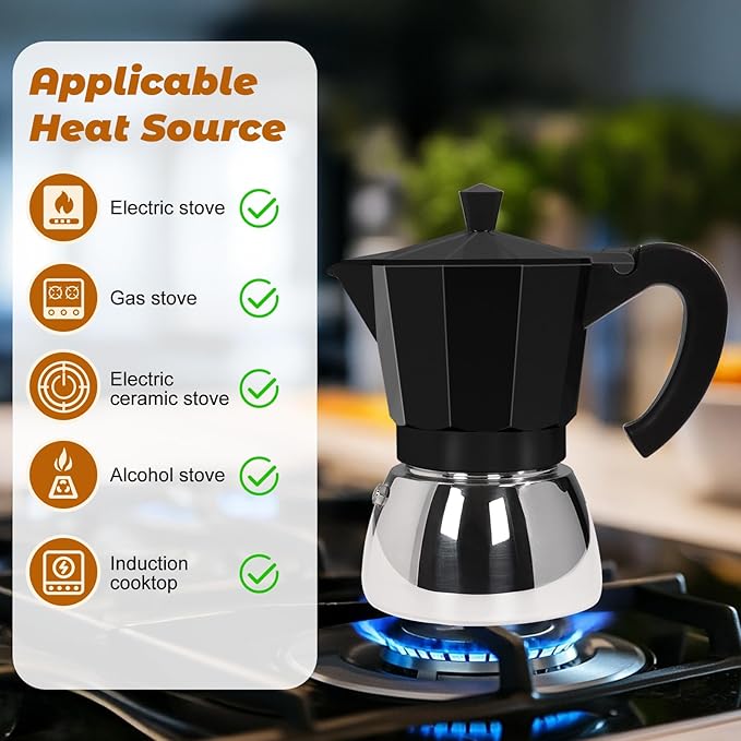 No Coating 4 Cup Aluminum and Stainless Steel Moka Pot Stovetop Espresso Maker Italian Coffee Machine 220ml 7.44oz Suitable for Gas Induction Stovetop Greca Coffee Maker Percolator Black