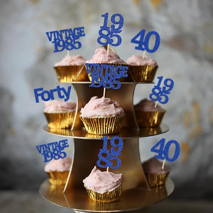 Gyufise 24Pcs Vintage 1985 Cupcake Toppers Glitter Cheers to 40 Fabulous Forty Cupcake Picks 40th Birthday Wedding Anniversary Party Cake Decorations Supplies Deep Blue