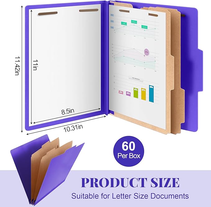 60 Pcs Classification Folders Letter Size, 2 Divider Pressboard File Folders with 3. 5 Inch Expansion, 2 Prongs Fastener, Heavy Duty Office File Organizers for Teachers, Medical (Purple)