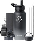 BUZIO 32 oz Water Bottle Insulated with Straw & 3 lid and Carrying Pouch, Leak Proof Anti-Slip Stainless Steel Water Flask Jug, Cold for 48 Hrs Double Vacuum Thermo Canteen, BPA-Free, Shadow