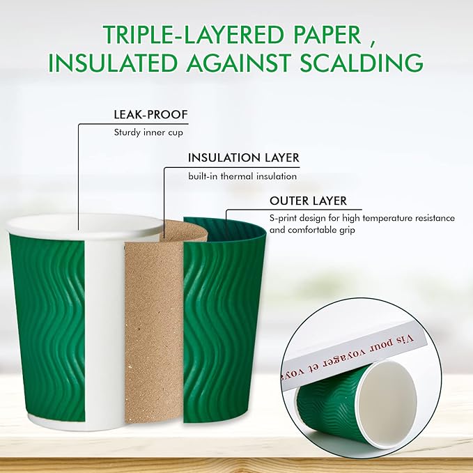 100 Count 12 OZ Coffee Cups with Lids, Insulated Ripple Wall Paper Hot Coffee Paper Cups for Hot Drinks