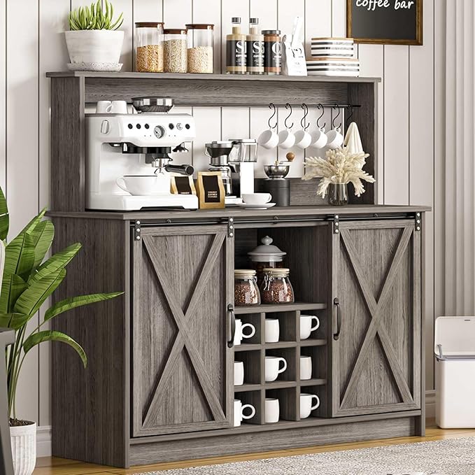 4ever2buy Farmhouse Coffee Bar Cabinet with Sliding Barn Doors, 50 Inch Coffee Bar Hutch with 6 Hooks and 9 Mug Rack, Hutch Cabinet with Storage for Living Room, Wash Grey