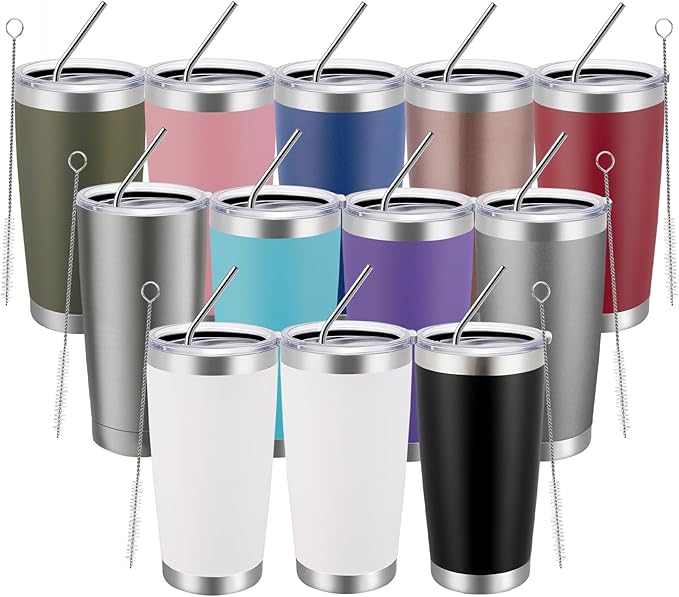 MEWAY 20oz Tumbler 12 Pack Double Wall Vacuum Insulated Travel Mug Bulk, Mix Color Stainless Steel Tumblers with Lid and Straw, Durable Powder Coated Coffee Cups for Cold & Hot Drinks（Mix Color, 12