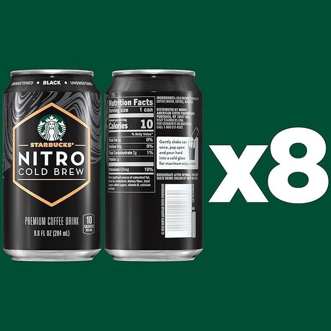Starbucks Nitro Cold Brew Coffee, Black Unsweetened, 9.6 fl oz Cans (8 Pack), Iced Coffee, Cold Brew Coffee, Coffee Drink