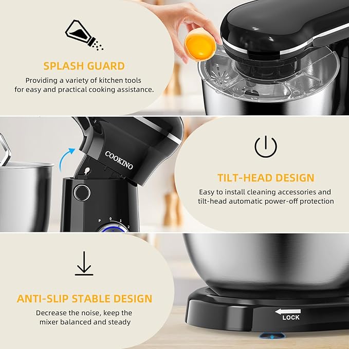 Electric Stand Mixer,10 Speeds Tilt-Head Food Mixer, 3-IN-1 Kitchen Mixer for Daily Cooks with Dishwasher-Safe 6.5 QT Bowl,Dough Hook, Beater, Whisk (Onyx Black)