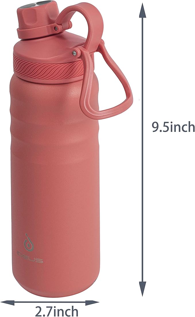 IDEUS Insulated Stainless Steel Water Bottle with 2 Leak-Proof Lids, Thermal Water Flask for Hiking Biking, 24oz, Orange