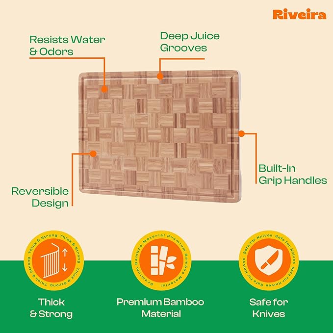 Riveira Bamboo End Grain Wood Cutting Board – Versatile And Durable: Set Of 3 Pcs Wooden Cutting Boards – Natural Wooden Cutting Boards For Kitchen Set – Complete Bamboo End Grain Cutting Board