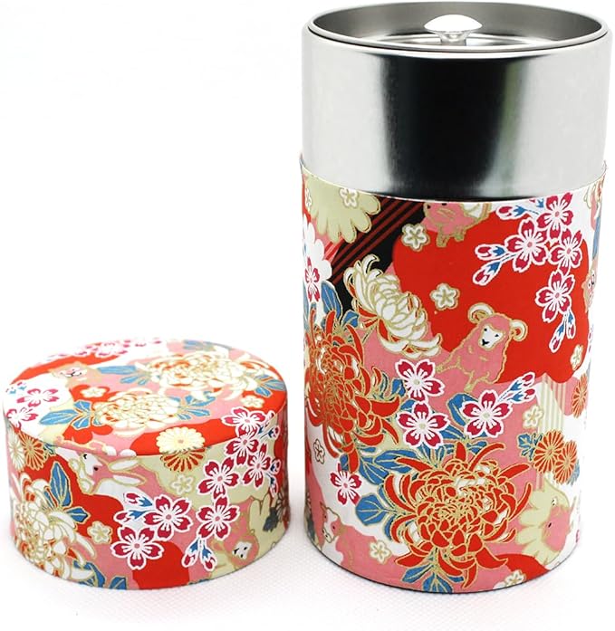 Japanese Pokkan Coffee Spice Tea Tin Canister Washi Paper Storage with Lid 7.05 oz Capacity (Eto)