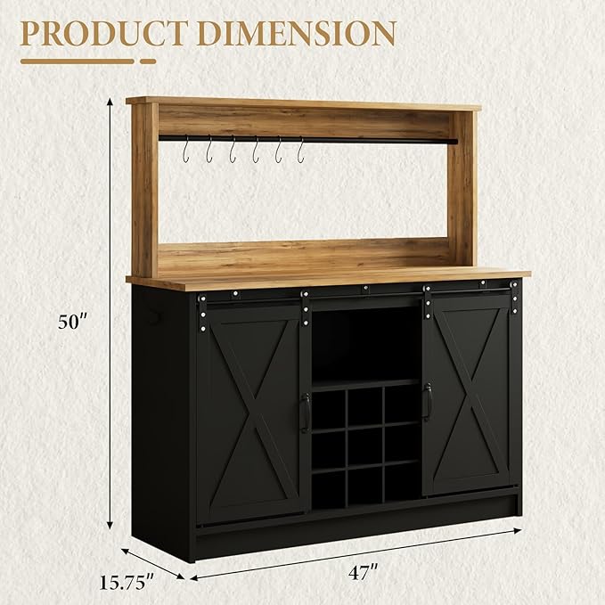 4ever2buy Farmhouse Coffee Bar Cabinet with Storage, 47'' Buffet Cabinet with Hutch and Sliding Barn Door, Coffee Bar with 9 Wine Racks and 6 Hooks for Dining Room, Living Room, Black