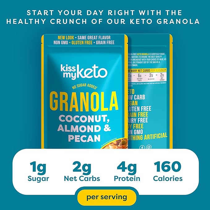 Kiss My Keto Sugar Free Granola, Coconut Almond Pecan 1-Pack – Curb Cravings with Few Net Carbs – Allulose Sweetened, Resealable & Gluten-Free Crunchy Clusters – Grain Free Granola Great With Yogurt or Milk