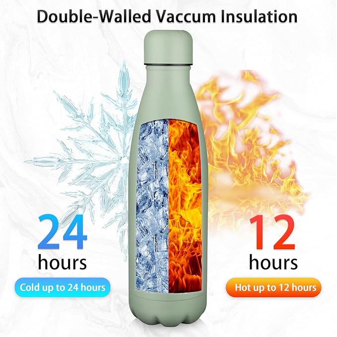 Insulated Water Bottle, 17oz Stainless Steel Water Bottles with straw lid, Metal Sports Water Bottles for Boys,Girls, Double Wall Vacuum BPA-Free Flask for School, Sports (Matcha Green)
