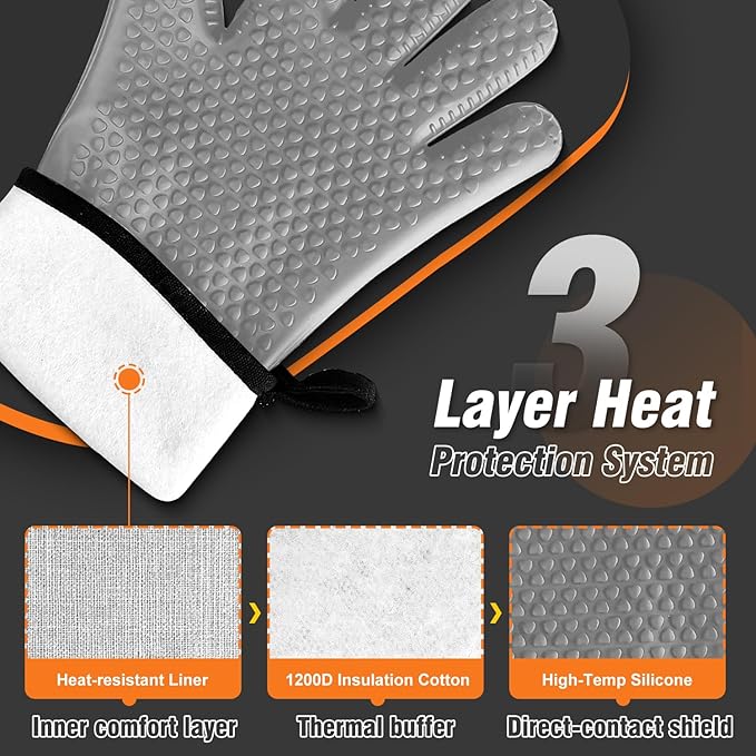 Walfos Silicone BBQ Gloves - Heat Resistant Grilling Gloves, Premium Non-Slip Kitchen Silicone Oven Mitt with Protective Cotton Layer Inside, Waterproof, Great for Grilling, Kitchen and Cooking, Gray