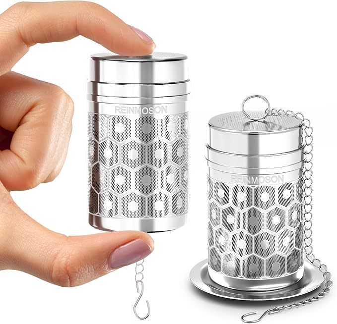 2 Pack Reinmoson Mini Tea Strainers for Loose Tea, Extra Fine Mesh Tea Infuser, 304 Stainless Steel & Updated Slim Threaded Lid, Loose Leaf Tea Steeper for Black Tea, Rooibos, etc