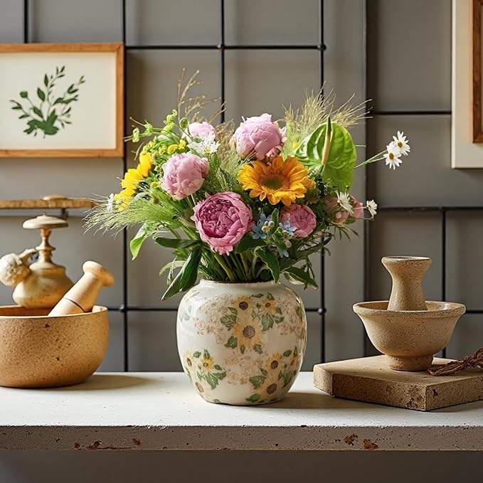 Round Pastoral Ceramic Vase, 6.3 Inch Chinoiserie Sunflower Yellow Floral Vases, Retro Ice Cracked Rustic Antique Flower Vases for Rustic Living Room Home Decor (Large Round)