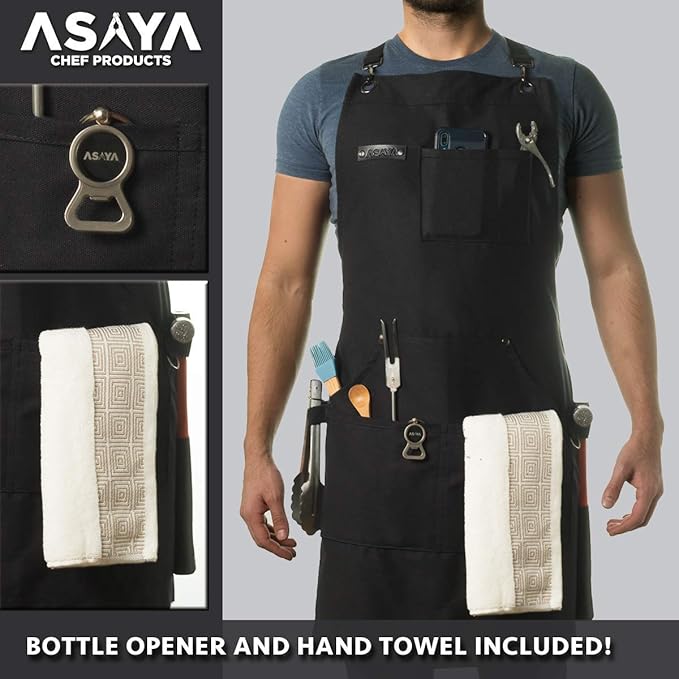 Asaya Chef and BBQ Apron with Bottle Opener and Hand Towel - 10oz Cotton Canvas, Stainless Steel Hardware - Cross Back Straps