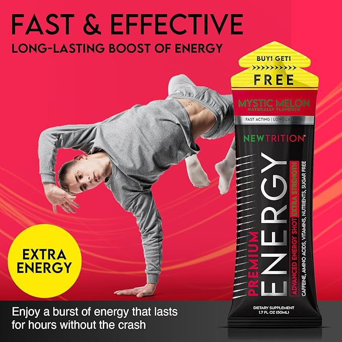 NewTrition® Extra Strength Energy Shots, 1.7 fl oz (Pack of 24, Mystic Melon flavor) - 250mg Caffeine with Vitamin B & Amino Acids, Sugar-Free, Zero Calorie Vitamin Energy Drink for Focus & Endurance