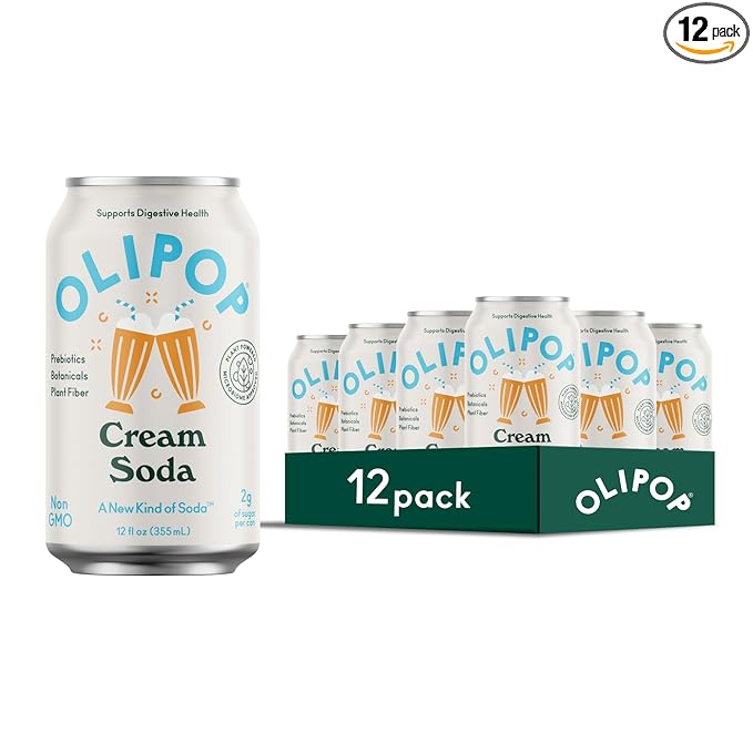 OLIPOP Prebiotic Soda Pop, Cream Soda, Pantry Pack Packed with Prebiotics, Fiber, and Botanicals, Gluten Free, Vegan, GMO Free, 12oz (12-Cans)