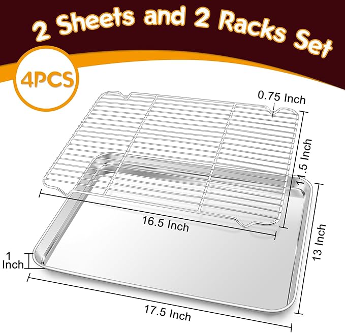 P&P CHEF 17.5 Inch Stainless Steel Baking Sheet with Rack Set (2 Pans+ 2 Racks), Cookie Sheets Baking Trays and Cooling Wire Racks, Oven & Dishwasher Safe, Pans with Flat Racks