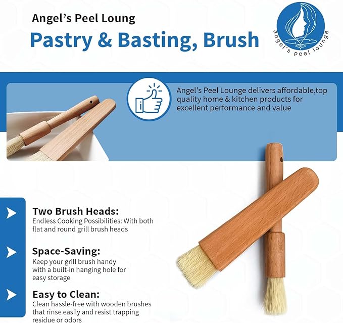 ANGEL’S PEEL LOUNGE Pastry Brush for Baking - Basting Brush with Wooden Handle Flat and Round Heads - Food Brushes for Cooking - Best for BBQ, Egg, Butter, Oil and Sauce – 2 PCS