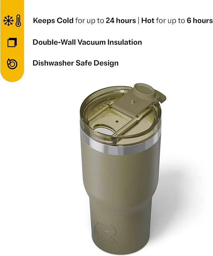 RTIC 20oz Essential Tumbler with Lid, Insulated, Stainless Steel, Metal, Double Wall Vacuum-Insulation, Ceramic Lined, Travel Cup for Iced Coffee, Tea, Hot and Cold Drink, Olive