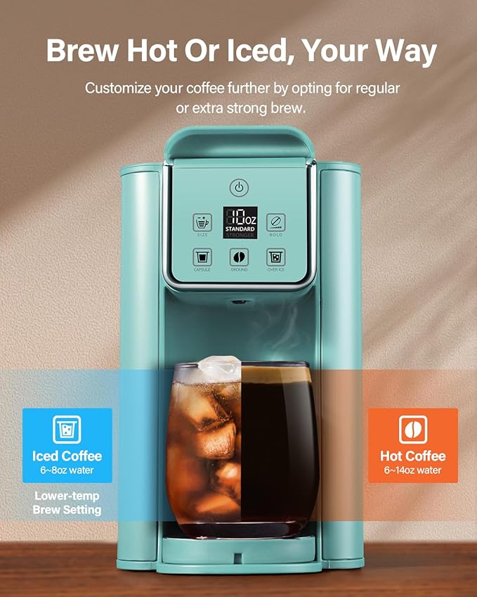 SHARDOR Single Serve Coffee Maker, Hot and Iced Coffee Machine for K Cup Pods & Ground Coffee, 6 to 14 oz Brew Sizes, with 50 oz Removable Water Tank, Bold Brew Setting, Stainless Steel, Blue