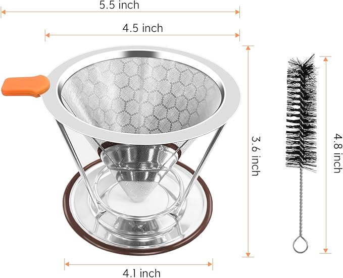 Pour Over Coffee Dripper, Paperless Pour Over Coffee Filter, Reusable Pour Over Coffee Maker Set, Dual-Layer Stainless Steel Cone Filter, Detachable Dripper Stand, Single Cup Brewer 1-2 Cup