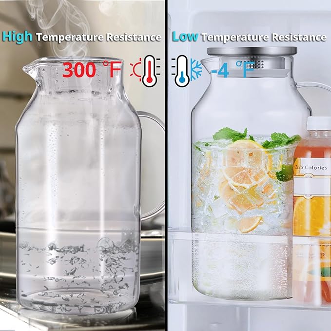 1 Gallon Glass Pitcher with Lid and Spout, Bivvclaz Glass Water Pitcher for Fridge, Glass Carafe for Hot/Cold Water, Iced Tea Pitcher, Large Jug for Coffee, Juice and Homemade Beverage
