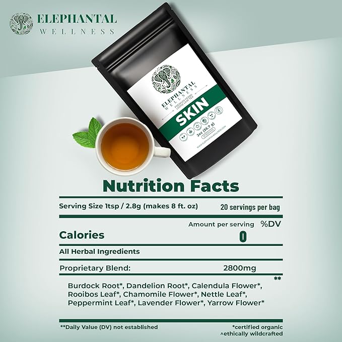 Elephantal Wellness Premium Skin Herbal Tea | Radiance & Clarity Support with Burdock, Dandelion, Calendula & Lavender | Non-GMO, Caffeine-Free, Handmade Loose Leaf Blend, 2oz Loose Leaf, 20 Servings