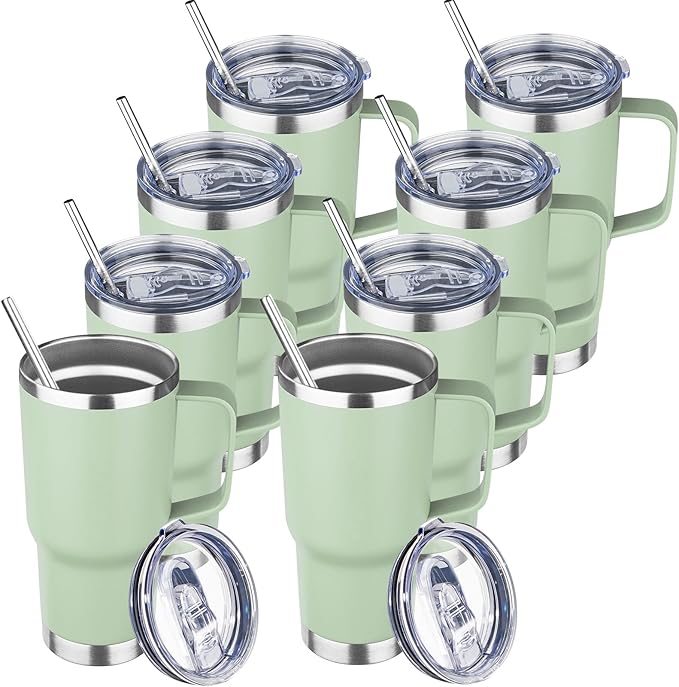 20 oz Tumbler with Handle Stainless Steel Insulated Coffee Tumbler with Lid and Straw Double Wall Vacuum Insulated Coffee Mug Leak Proof Travel Mug Tumbler for Hot and Cold Drink (Green Tea,8pack)