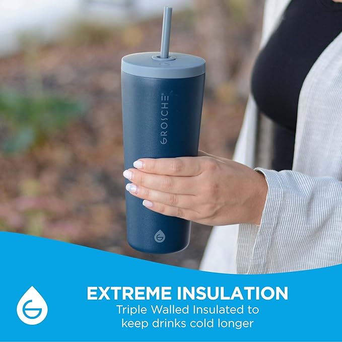 GROSCHE Jasper Insulated Stainless Steel Tumbler With Straw – Travel Cup with Lid, Extreme Insulation & Sleek Design, 23 oz - Blue