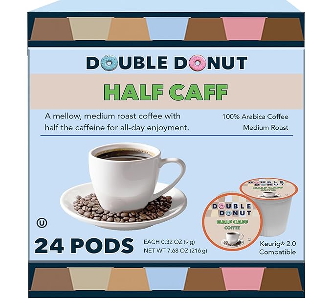 Double Donut Coffee Half Caff Coffee Pods, Single Serve Half Caffeine Coffee Pods For Keurig K Cup Brewers, Medium Roast, 24 Count