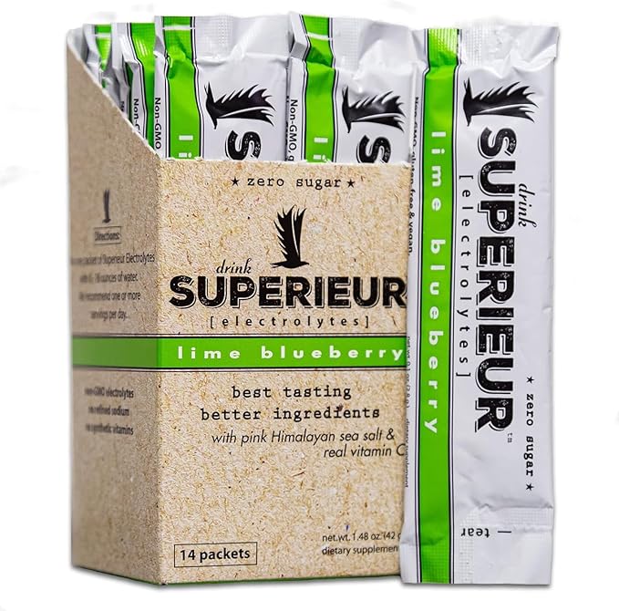 Superieur Electrolyte Powder Packets - Vegan Electrolyte Hydration Powder w/Sea Minerals - Keto Friendly, Non-GMO, Zero Sugar Electrolyte Supplement-Healthy Sports Drink -Lime Blueberry (14 Packets)