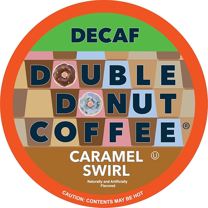 Double Donut Decaf Flavored Coffee, Caramel Swirl, Decaf Caramel Coffee for Keurig K Cups Machines, Single Serve in Recyclable Pods, 96 Count Bulk