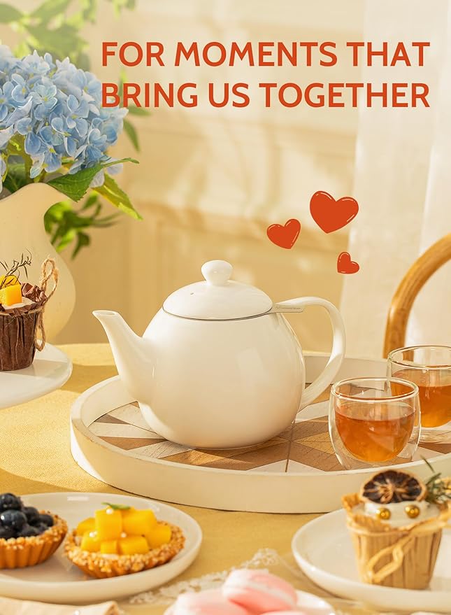 Sweese Teapots for Tea, 27 oz Porcelain Tea pot with Removable Stainless Steel Infuser, Tea Pots for Loose Tea - White