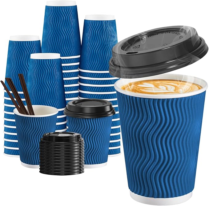 90 Pack 12 oz Disposable Coffee Cups with Lids and Straws, Insulated Ripple Wall To Go Paper Coffee Cups for Coffee, Hot Chocolate and Hot Tea Drinks - Navy